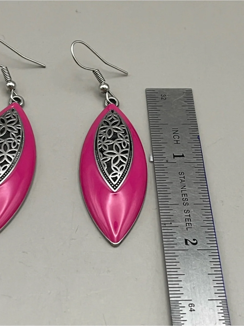 Hot Pink Enamel Marquise Dangle Earrings Silver Filigree Floral Boho Statement